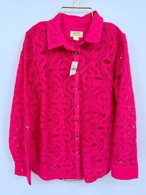 Anthropologie Maeve Hot Pink Lace Button Front Blouse NWT Long Sleeve Top